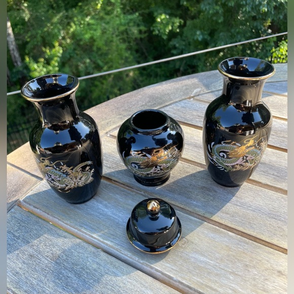 Cabinet set - 3 parts, 2 Vases 1 Temple Jar - Vintage - Dragon - ceramic - Picture 4 of 8